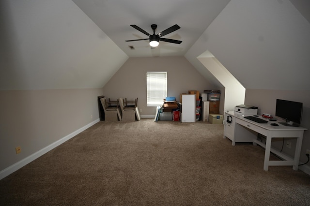 bonus room with carpet floors, visible vents, lofted ceiling, baseboards, and a ceiling fan