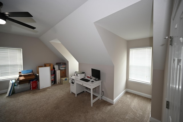 bonus room featuring vaulted ceiling, carpet floors, baseboards, and a ceiling fan