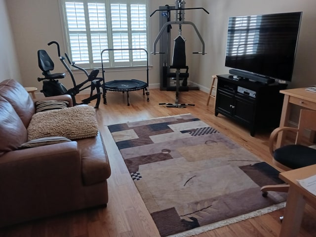 living area featuring baseboards and light wood finished floors