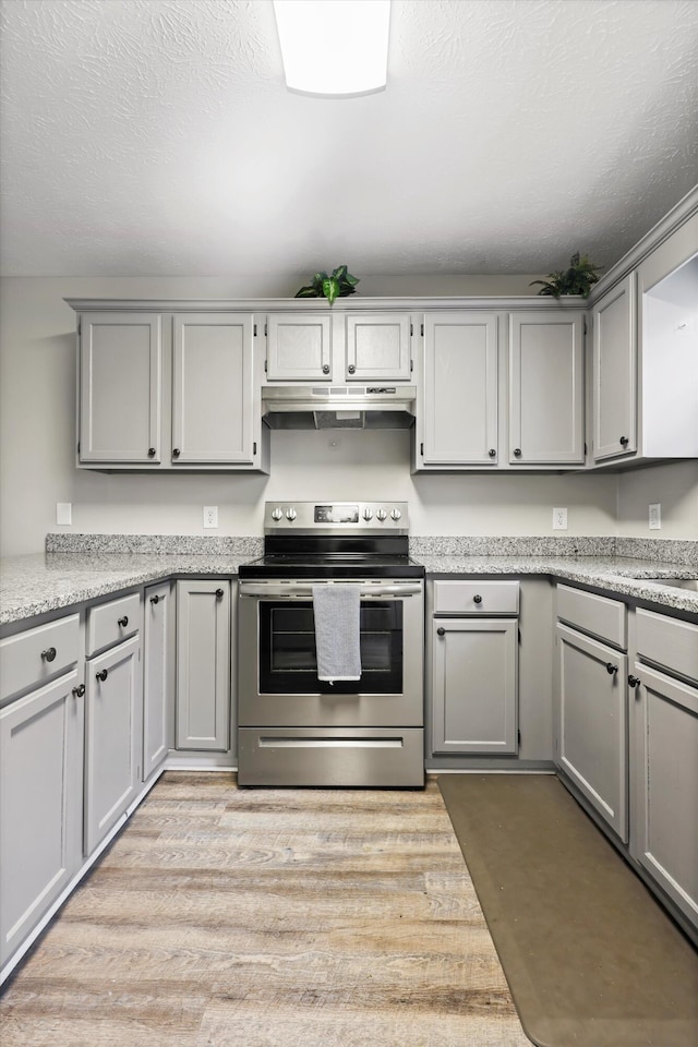 17 Bama Ln Unit C5, Ringgold, GA 30736 - kitchen featuring stainless steel range with electric stovetop, under cabinet range hood, gray cabinets, light countertops, and light wood-style floors