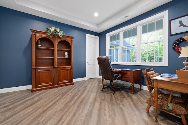 234 Reflection Dr, Dunlap, TN 37327 - office with wood finished floors, baseboards, a tray ceiling, and recessed lighting