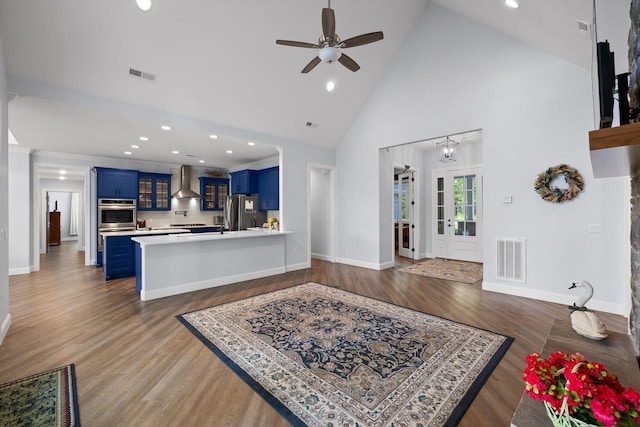 234 Reflection Dr, Dunlap, TN 37327 - living area with a ceiling fan, high vaulted ceiling, recessed lighting, wood finished floors, and baseboards