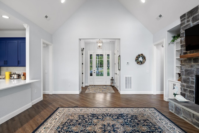 234 Reflection Dr, Dunlap, TN 37327 - entryway with dark wood-style flooring, a fireplace, high vaulted ceiling, baseboards, and recessed lighting