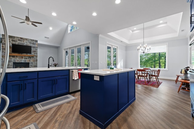 234 Reflection Dr, Dunlap, TN 37327 - kitchen featuring stainless steel dishwasher, blue cabinetry, dark wood finished floors, light countertops, and recessed lighting