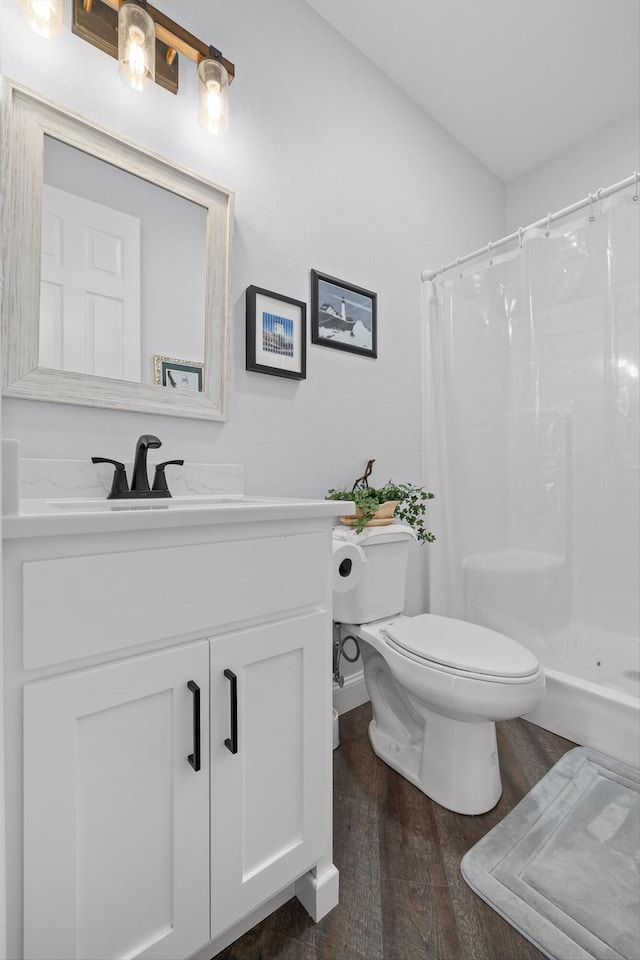 234 Reflection Dr, Dunlap, TN 37327 - bathroom with wood finished floors, toilet, vanity, and a shower with curtain