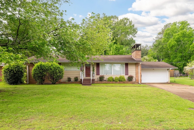 ranch-style house featuring driveway, a chimney, a front lawn, and a garage