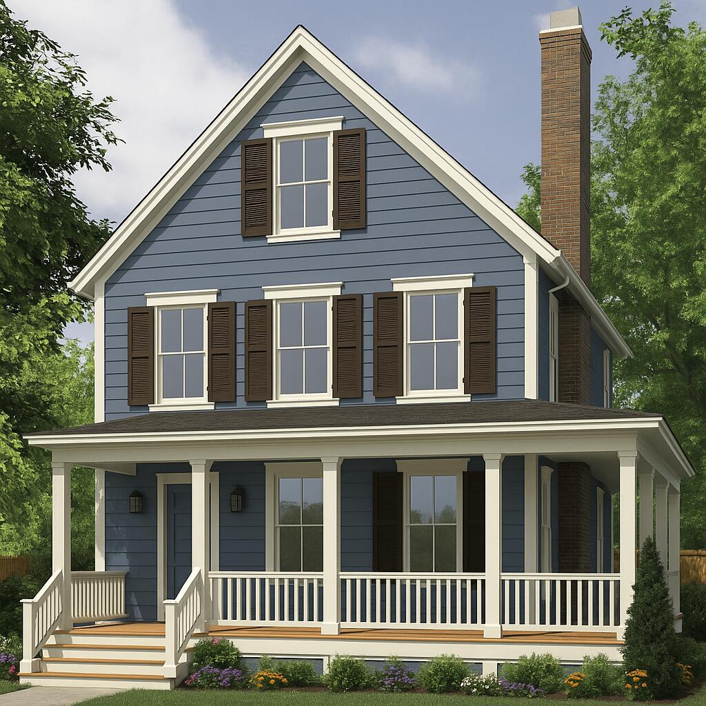farmhouse with covered porch and a chimney