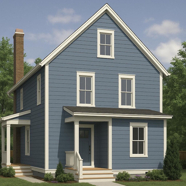 view of front of home with a porch and a chimney