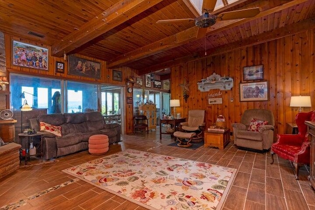 292 Hilltop Cir, Spring City, TN 37381 - living area with wood ceiling, a ceiling fan, wood walls, beam ceiling, and wood finished floors