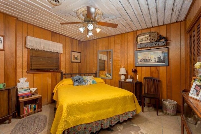 292 Hilltop Cir, Spring City, TN 37381 - bedroom featuring light tile patterned flooring, ceiling fan, wood walls, wood ceiling, and a closet