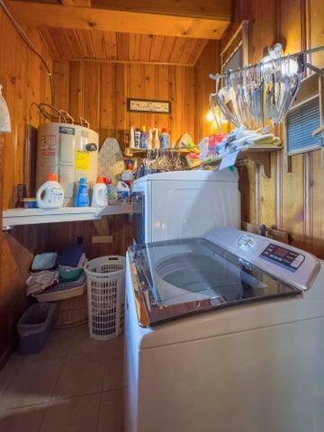 292 Hilltop Cir, Spring City, TN 37381 - laundry room featuring washer / dryer, wooden ceiling, water heater, and wooden walls