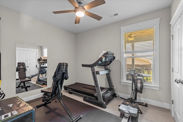 1383 Carrington Way, Chattanooga, TN 37405 - exercise room with a ceiling fan, baseboards, visible vents, and carpet
