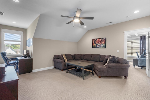 1383 Carrington Way, Chattanooga, TN 37405 - living room with light carpet, a ceiling fan, visible vents, and recessed lighting