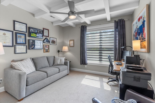 1383 Carrington Way, Chattanooga, TN 37405 - office area featuring coffered ceiling, baseboards, a ceiling fan, and carpet floors