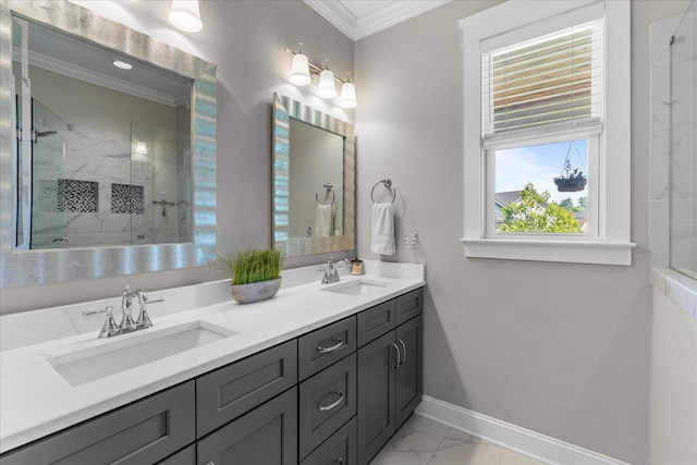 1383 Carrington Way, Chattanooga, TN 37405 - bathroom with marble finish floor, ornamental molding, tiled shower, and a sink