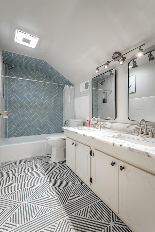 full bathroom with double vanity, toilet, shower / bath combination with curtain, a sink, and visible vents