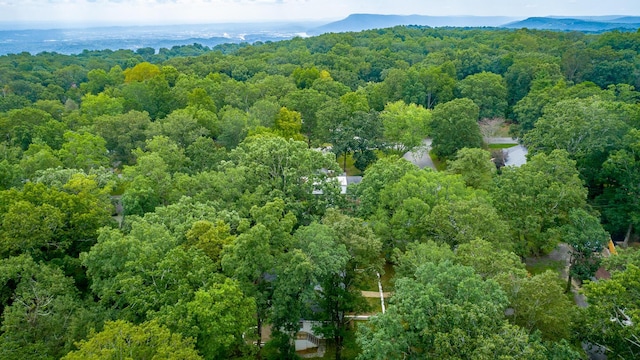 bird's eye view featuring a wooded view