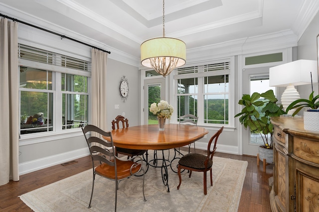 3086 Poe Rd, Soddy Daisy, TN 37379 - dining room with dark wood finished floors, plenty of natural light, a raised ceiling, a chandelier, and ornamental molding