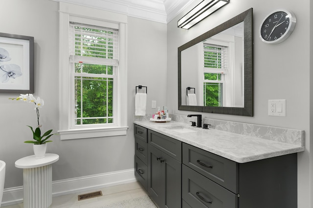 3086 Poe Rd, Soddy Daisy, TN 37379 - bathroom with baseboards, crown molding, plenty of natural light, and vanity
