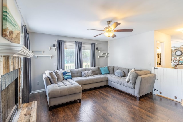 9505 Post Oak Dr, Ooltewah, TN 37363 - living room featuring a fireplace with flush hearth, a ceiling fan, and wood finished floors