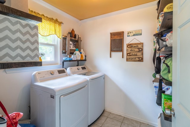 9505 Post Oak Dr, Ooltewah, TN 37363 - laundry room featuring laundry area, ornamental molding, baseboards, separate washer and dryer, and light tile patterned floors