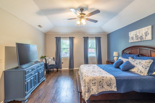9505 Post Oak Dr, Ooltewah, TN 37363 - bedroom with visible vents, ceiling fan, lofted ceiling, and dark wood-style floors