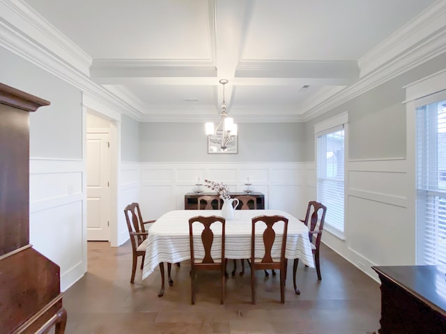 dining area with crown molding, an inviting chandelier, a decorative wall, beamed ceiling, and coffered ceiling