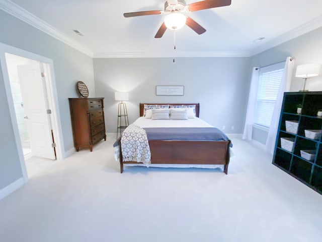 bedroom with baseboards, ornamental molding, and carpet flooring