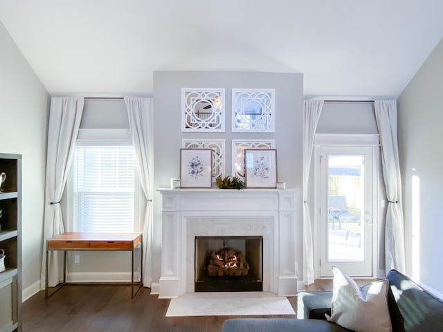 living area featuring baseboards, a fireplace, and wood finished floors