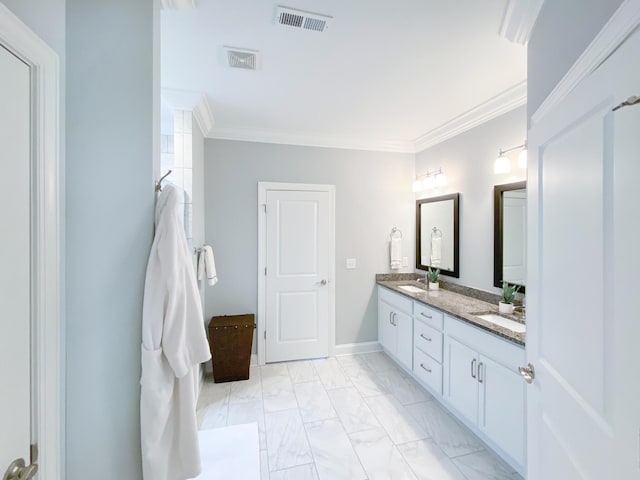 bathroom featuring crown molding, visible vents, a sink, and marble finish floor