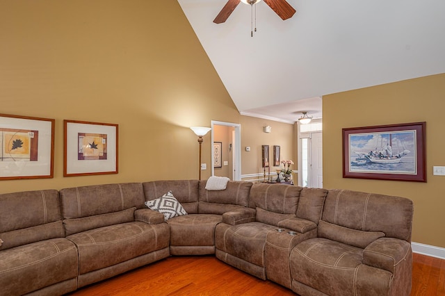 8337 Kayla Rose Cir, Ooltewah, TN 37363 - living room featuring wood finished floors, a ceiling fan, and high vaulted ceiling