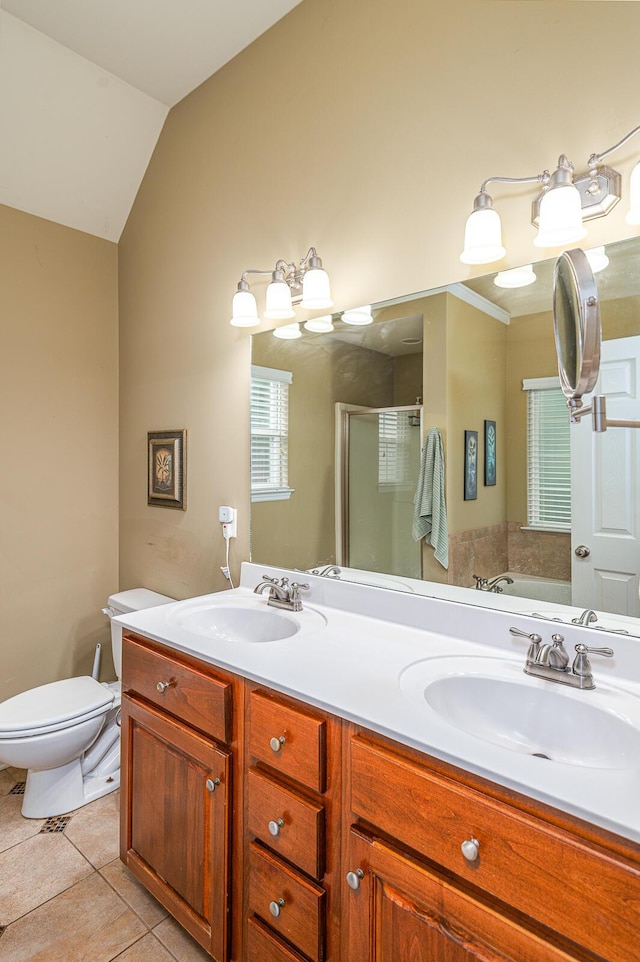 8337 Kayla Rose Cir, Ooltewah, TN 37363 - bathroom with a shower stall, double vanity, tile patterned flooring, a garden tub, and lofted ceiling