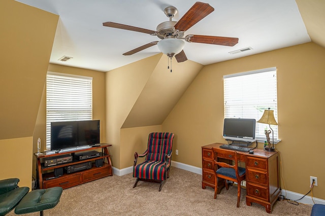 8337 Kayla Rose Cir, Ooltewah, TN 37363 - carpeted home office with a ceiling fan and lofted ceiling