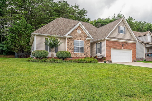 8337 Kayla Rose Cir, Ooltewah, TN 37363 - view of front of house with concrete driveway, a garage, a shingled roof, crawl space, and stone siding