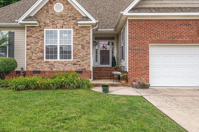 8337 Kayla Rose Cir, Ooltewah, TN 37363 - view of exterior entry featuring crawl space, a yard, an attached garage, and roof with shingles