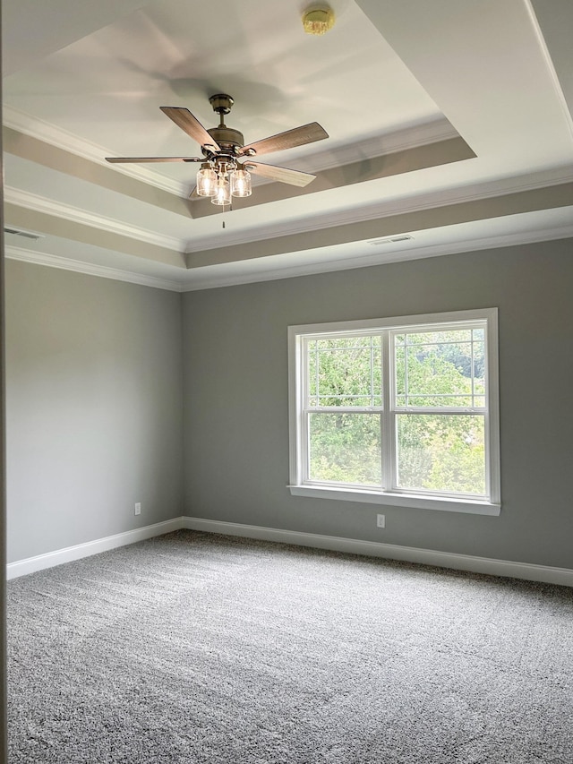 carpeted empty room featuring ornamental molding, a raised ceiling, and plenty of natural light