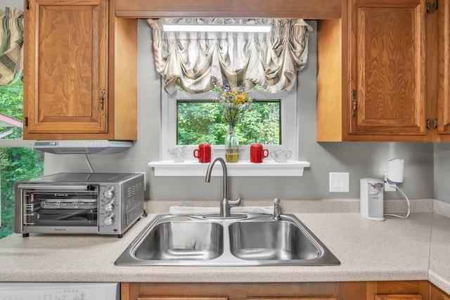 kitchen featuring a sink, a toaster, white dishwasher, and light countertops