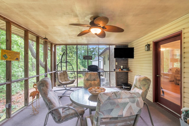 sunroom with carpet floors, outdoor dining area, ceiling fan, and wooden walls