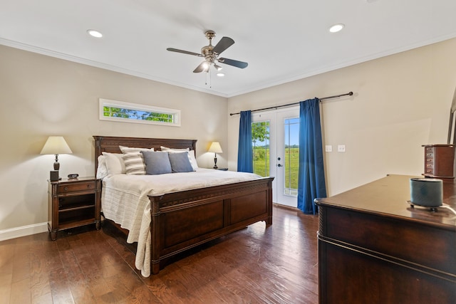 bedroom featuring recessed lighting, crown molding, dark wood-style floors, and access to exterior