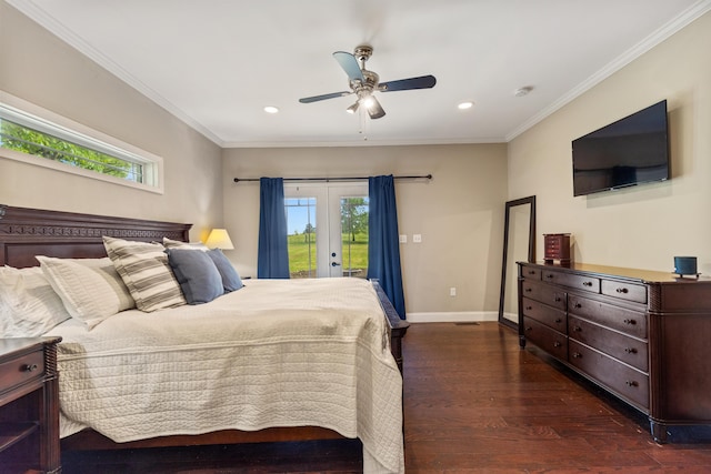 bedroom featuring access to outside, recessed lighting, dark wood-style flooring, and baseboards