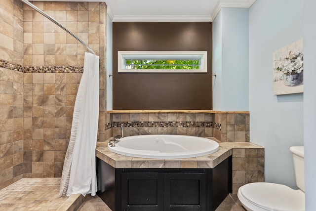 full bath with a tile shower, ornamental molding, a garden tub, and toilet