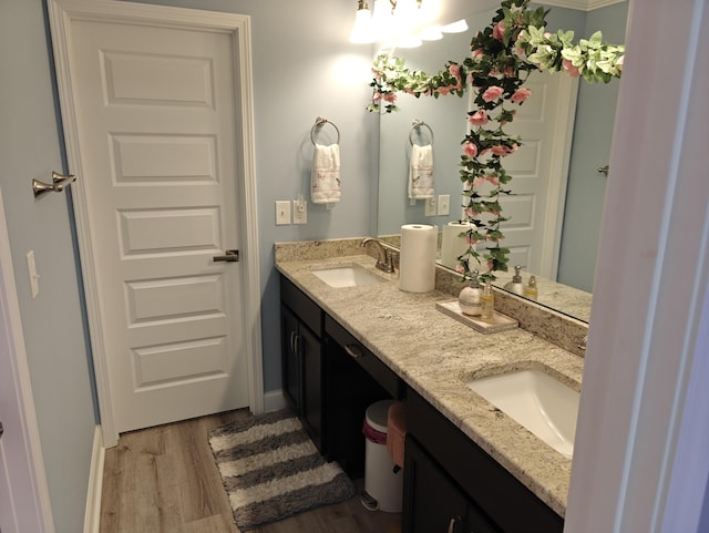 bathroom with a sink, baseboards, double vanity, and wood finished floors