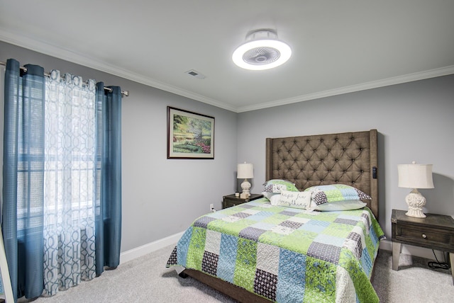 bedroom featuring visible vents, carpet flooring, baseboards, and crown molding
