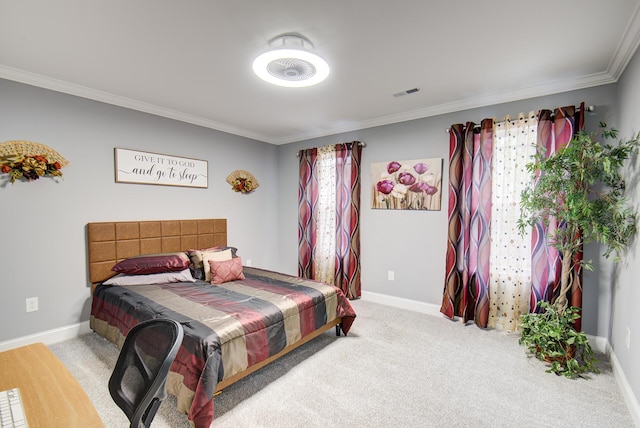 bedroom with baseboards, ornamental molding, carpet, and visible vents