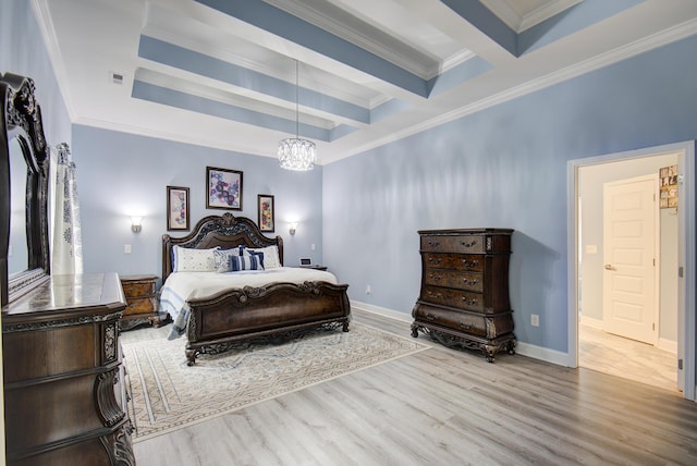 bedroom with crown molding, beam ceiling, a chandelier, baseboards, and wood finished floors