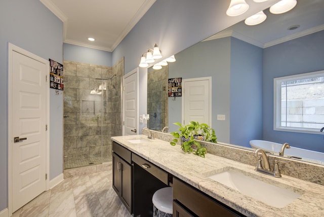 full bathroom with crown molding, a sink, double vanity, and a shower stall