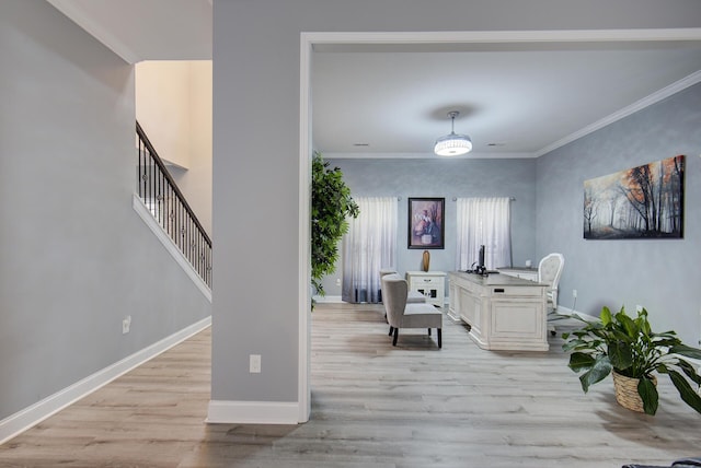 office featuring baseboards, light wood finished floors, and crown molding