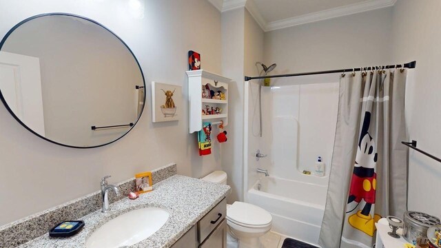 6453 Serenade Ln, Hixson, TN 37343 - bathroom with vanity, ornamental molding, shower / bathtub combination with curtain, and toilet