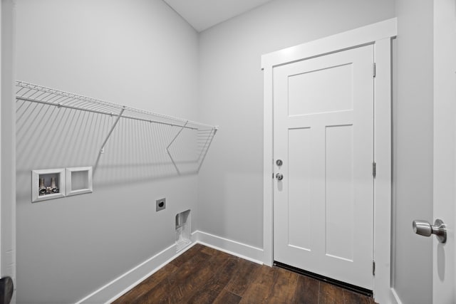 laundry room with laundry area, hookup for a washing machine, baseboards, electric dryer hookup, and dark wood-type flooring