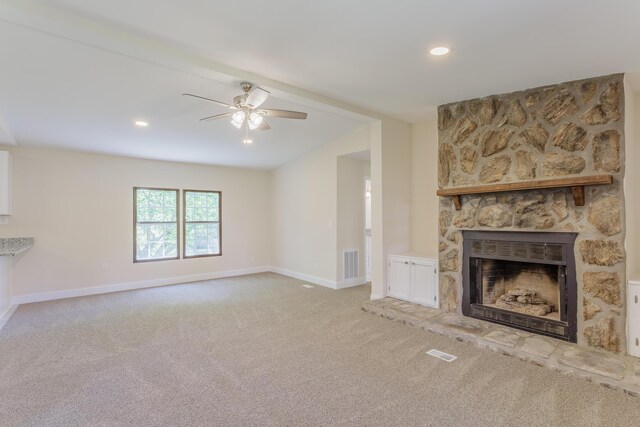 229 General Thomas St, Chickamauga, GA 30707 - unfurnished living room featuring ceiling fan, carpet, a fireplace, baseboards, and recessed lighting